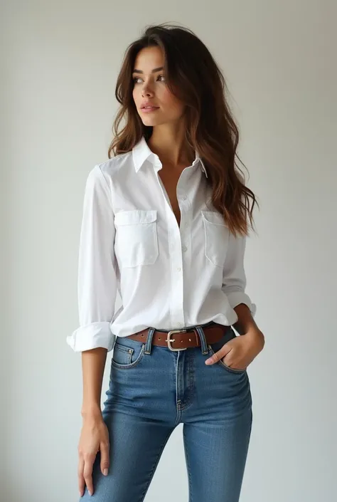 Make that girl with skinny jeans and white smart casual shirt. sexy looking, preferably peeing