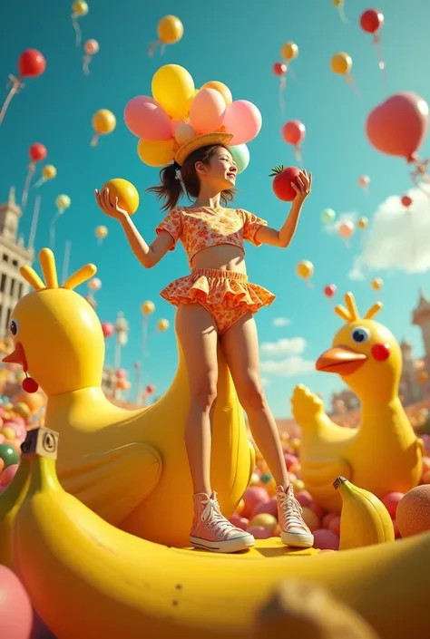 A gorgeous Ambrisse girl in an Absurdist Comedy style, radiating a sense of Euphoric delight. Captured with a Fractal Zoom camera shot, she stands atop a giant rubber chicken, juggling oversized fruit while wearing a hat made of balloons. Around her, the w...