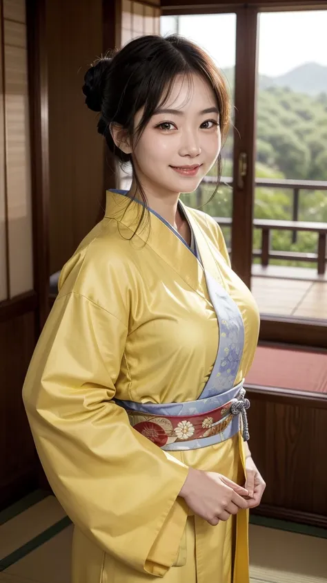 Sei Shonagon standing gracefully in a traditional yellow kimono, smiling warmly and pointing towards the center of the image with her right hand. Her expression is inviting and friendly, with large almond-shaped eyes and a gentle smile, appealing to the vi...