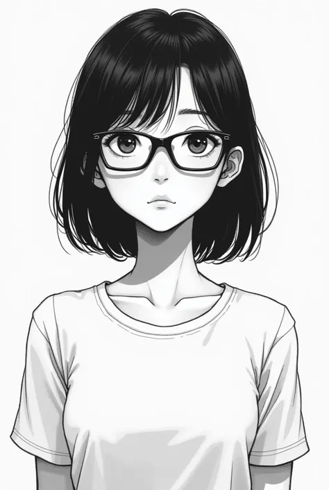 asian girl, wearing glasses, relaxed face, manga style, greyscale, full body,