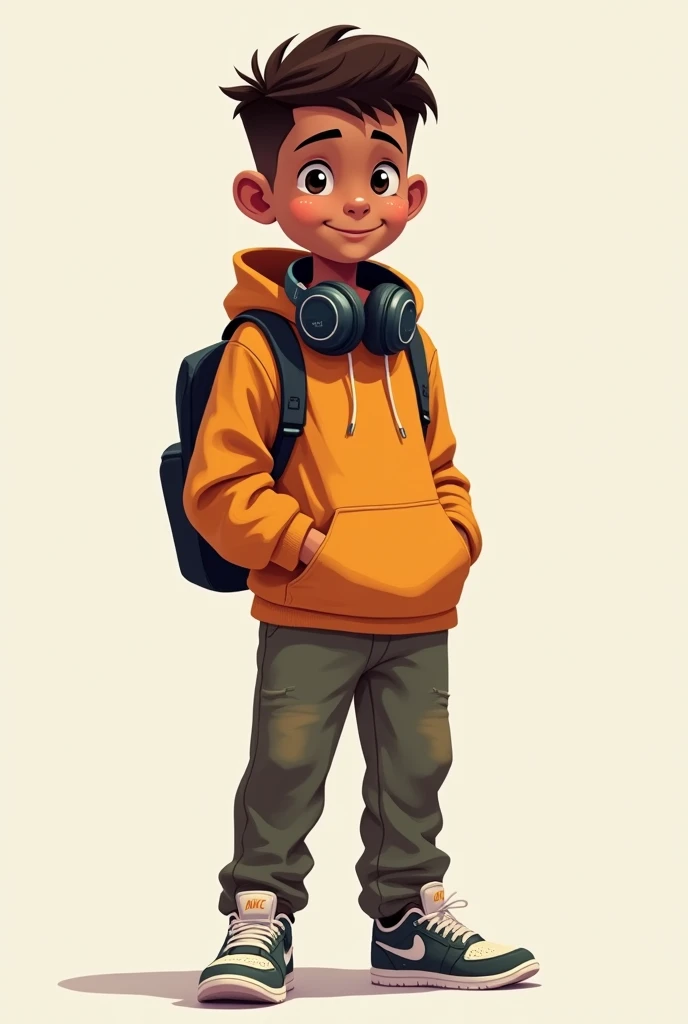 A tanned boy with headphones around his neck, 2D style, wearing a hoodie, pants, and Nike shoes in a photography position.
Also write the word "today".
Capitalize the word
And its easy, I want to paint