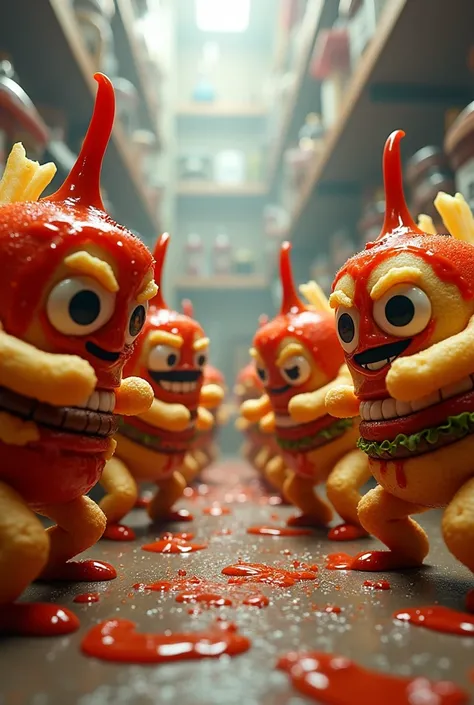 A fight between a ketchup and fries army against a ketchup and burger army with faces