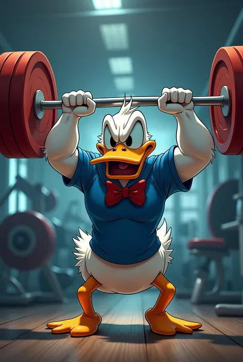 Donald Duck, now sporting a slightly muscular physique, lies on a bench press in the gym, his face contorted in an intense expression of anger and determination as he pushes the heavy barbell upward. His beak is clenched, and his brows furrow as he strains...