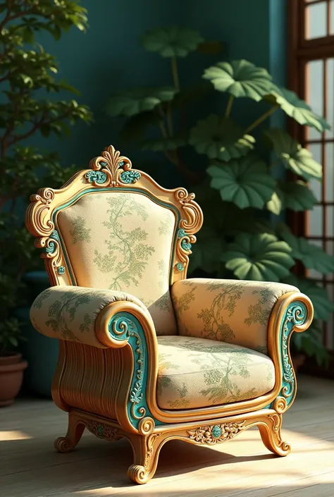 1 classic Asian chair with gold as the main color, turquoise, be