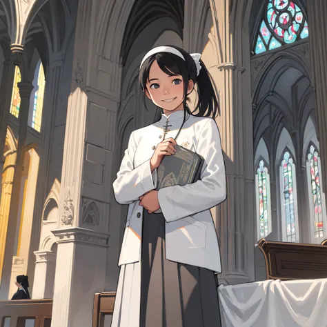 masterpiece, Best Quality,(((One person)))、girl、Black hair(low ponytail)、White shirt、Grey pleated skirt（Midi Skirt）、church、pray、Novice Nun、Smiling Kindly、Serious、pious