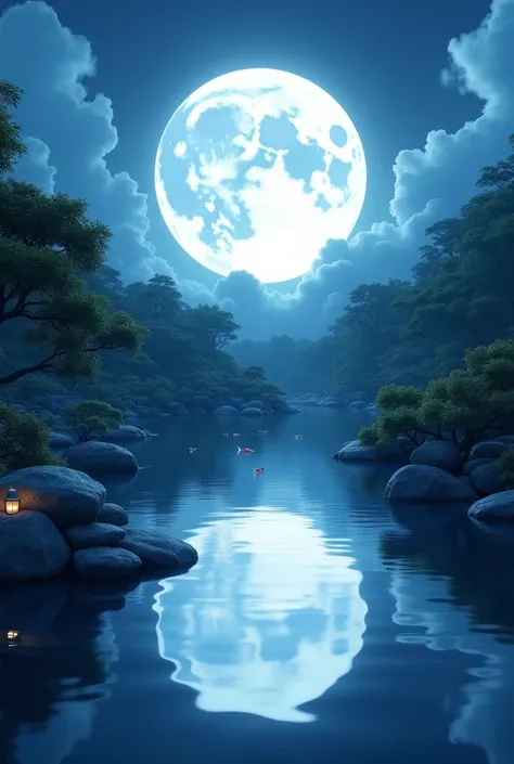 an image of a full, white moon in the sky, reflecting down on the surface of a pond in a Japanese garden with rocks and koi fish swimming around, which reflects light very well. The image of the full moon reflects off the water in the pond perfectly. The w...