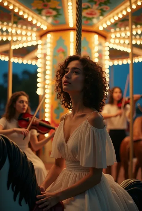 Une fille métisse 21 ans cheveux bouclés curly petite poitrine en robe blanche sur un carrousel sur un cheval regardant au loin en chantant . Tournage clip.  Violonistes  dans le carrousel. Nuit. 