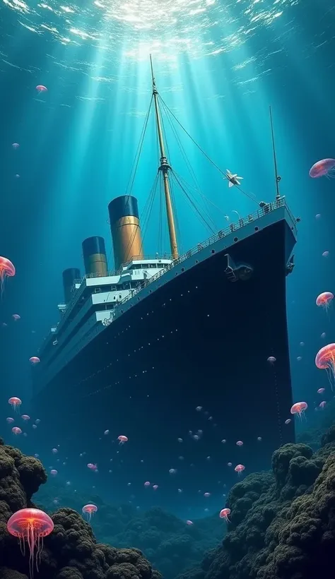 

 "The Titanic lies quietly at the bottom of a deep blue sea, sparkling jellyfish and colorful fish dancing around it, the mysterious light creating a magical atmosphere."