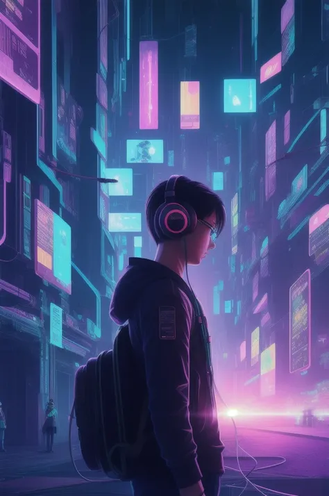 Virtual reality den, neon-hued cables connecting to headsets, users lost in a realm where data and dreams intertwine. , Cyberpunk_Anime