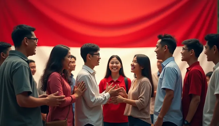 a group of indonesian people,in line to enter a polling station,smiling and greeting each other,red and white flag in the background,realistic detailed portrait,photorealistic,high resolution,warm lighting,natural skin tones,vibrant colors,documentary styl...