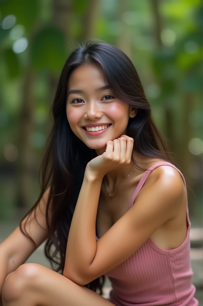 video of a beautiful Indonesian girl wearing a pink tangtop sitting and smiling