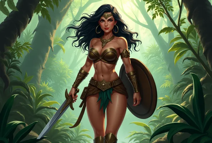 in the jungle, An Amazon with curves, very strong, friendly, brave. In one hand he has a sword, and on the other a round shield. She smiles at us inviting us to join her in living a thousand and one adventures with her..