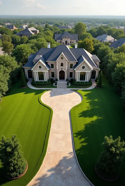 A realistic picture of From an aerial view, the beautiful mansion in Texas stands majestically amidst a sprawling green yard, surrounded by lush landscaping. The expansive driveway curves gracefully, leading to an elegant entrance adorned with intricate st...