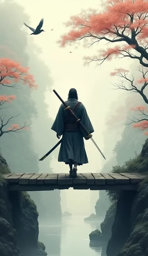 Masterpiece, 8K, front view a samurai walking alone on a narrow bridge. The samurai is wearing traditional clothing, including a robe and a sword strapped to his back and waist. The background is calm yet evocative, with subtle natural elements such as fly...