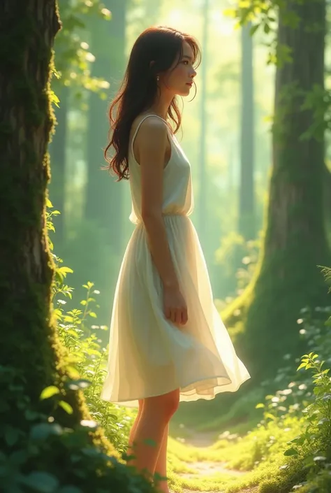 A simple white dress teen girl seeing sunlight
 at forest from side of camera view