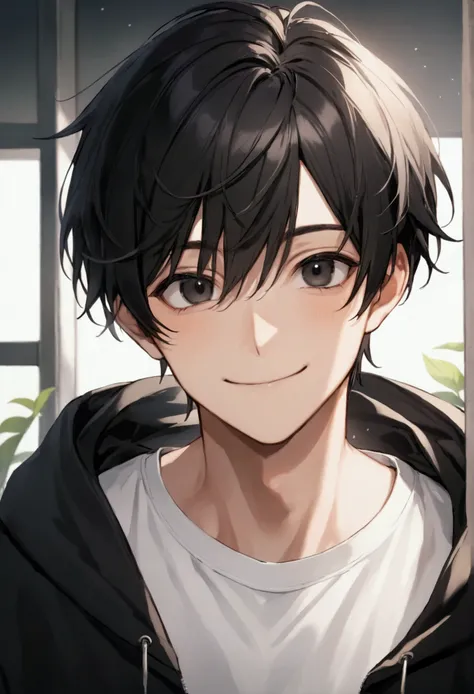 Best quality, Black hair , 1 boy, big black eyes, white shirt, Black hooded sweatshirt, Smiling