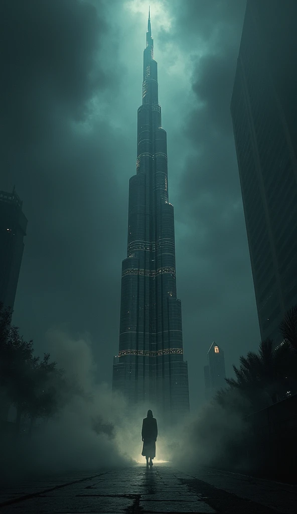 Create an intriguing image of the Burj Khalifa with a mysterious, shadowed background and a bold text overlay asking, Did you know the Burj Khalifa has a hidden fact?"