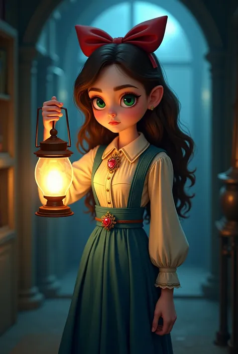 A semirealistic and cartoonish young adult girl in a dark misterious room holding a Lantern.She Is wearing an early 1900s outfit:a long puffed sleeved shirt with a Ruby gen pin with golden detailes and a long blue victorian shirt.The woman has light brown ...