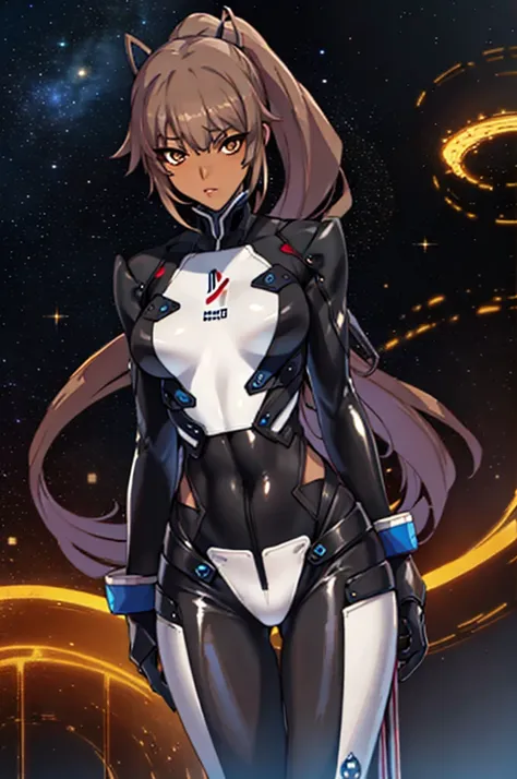 1girl, slender body, slim, extremely long ponytail, (dark brown hair), brown eyes, tan skin, ((ochre and black latex bodysuit)), (black armor), ((extremely glossy)), cyberwear, space background, starship interior