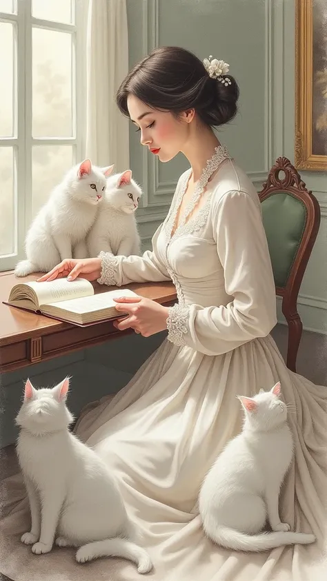 Elegant lady reads amidst graceful
cats in a serene mansion, refined
pencil details and subtle watercolors
convey an aura of peace and dignity,
soft morning light -style raw -v 6.1