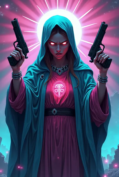 HD 8K trippy futuristic anime style angry virgen maria with a pistol in both hands