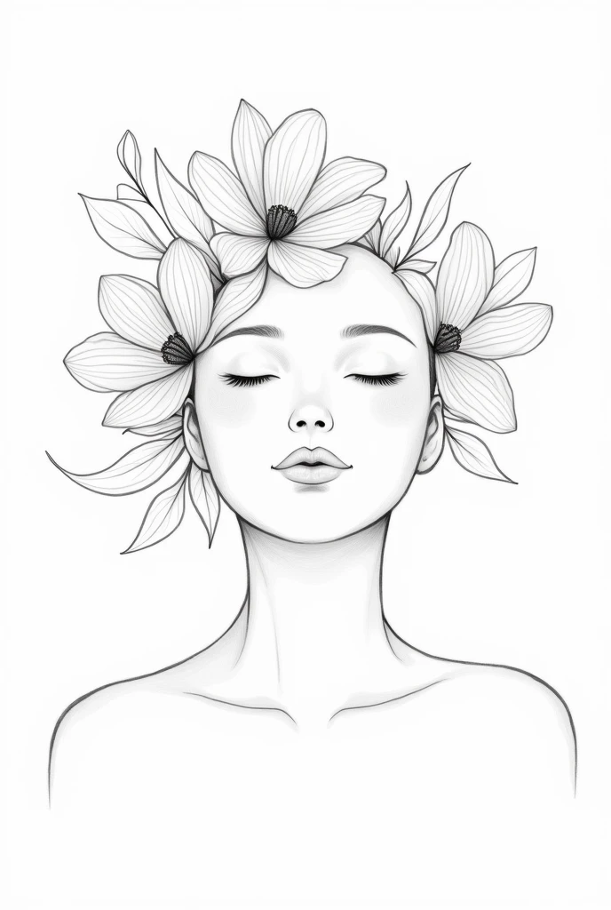 face with flowers line drawing, high definition, white background, 8k, UHD 