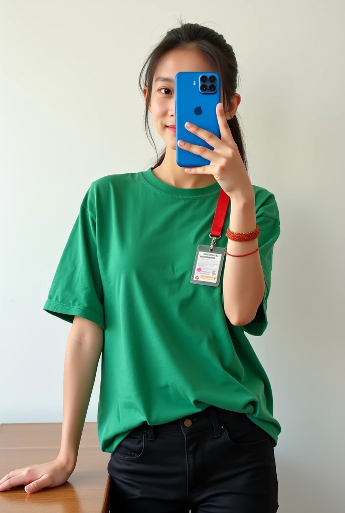 Wearing the Allen tshirt which is of green colour with red colour strap ID card. Its a mirror selfie with face hiding and there a red hindu thread on the camera holding hand on the wrist and the other hand is resting on some table and the girl is also wear...