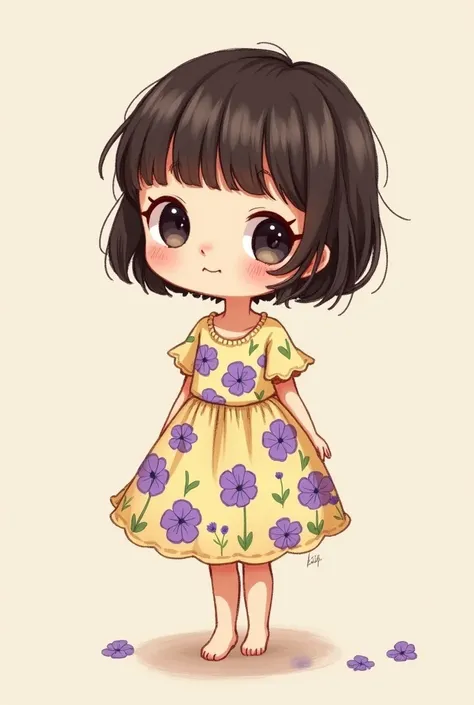 The painting of a gentle girl wearing a purple floral dress in a chibi drawing style