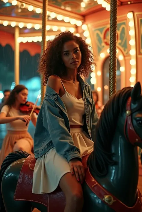 Une fille peau métisse 21 ans cheveux bouclés curly petite poitrine en jupe blanche haut blanc et veste en jeanssur un carrousel sur un cheval fixant la caméra . Tournage clip.  Violonistes  dans le carrousel. Nuit. Pluie