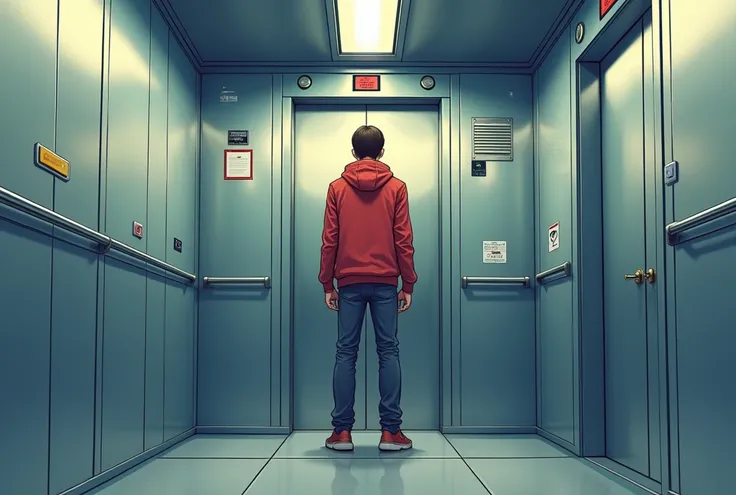 a person in an elevator, cartoon, sharp focus, very vivid colors, detailed, realistic, error-free drawing, accurate drawing, correct symmetry, production with high quality materials, studio quality rendering, highest quality,