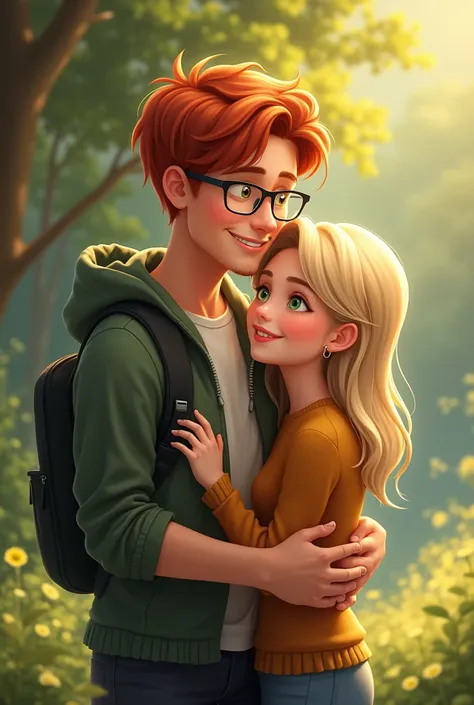 A red-haired man, who wears glasses and is 187cm tall hugging a woman with blonde highlights who is 160cm tall taking a photo 