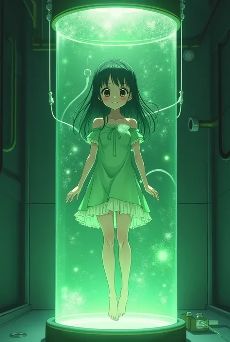 A magical girl placed in a cylinder filled with green liquid。Tubes extending from inside the body。Painful expression。Anime Style。brainwashing

