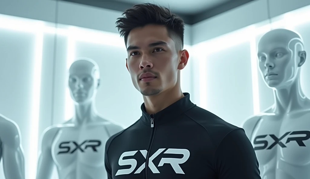 A realistic handsome young Latin man looking artificial intelligence with the LED SXR logo, full body, standing in the center and with a male mannequin displaying the sports shop, SXR logo on the background, wearing gym SXR logo, the environment is futuris...