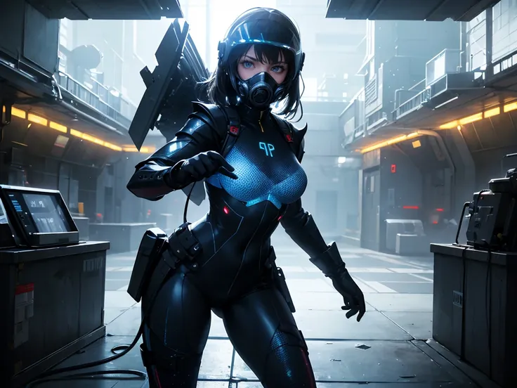 armed female figure in a (((Holographic))) sci-fi suit (tight jumpsuit), at the spaceport, against the background of a sci-fi ship taking off, overcast, translucent sci-fi visor, sci-fi respirator, plate armor, lots of fine detail in the style of pursuit b...