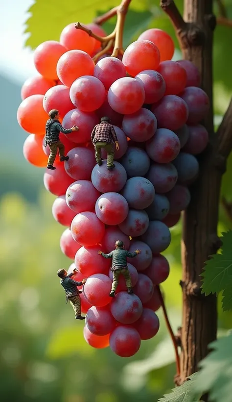 A huge hanging bunch of grapes，Four miniature climbers climb up the grapevine to the lowest point.，Photography，close up，8k