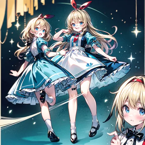 Perfect Anatomy、(Official Art、Highest quality、Unity 8k wallpaper、32K、masterpiece、Ultra-detailed、Ultra-high resolution)、Fantastic、((Alice in Wonderland))、Blonde、Tie your hair with a ribbon、Blue colored eyes、Blue Apron Dress、White socks、Trump、usagi、Pocket wa...