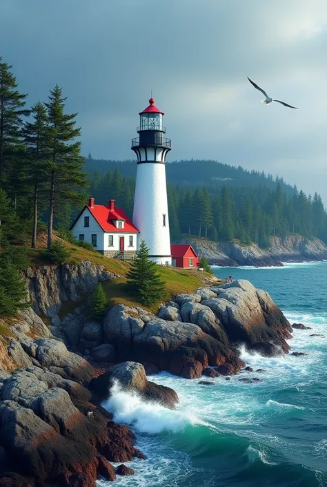 Maines rugged coastline is a stunning tapestry of rocky shores and lush pine forests, where the Atlantic Ocean crashes against cliffs. At the edge of this picturesque landscape stands a classic lighthouse, its white tower gleaming against the backdrop of a...