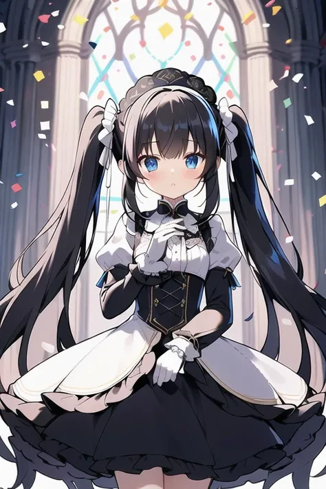 Lace detailing on the cuffs, Best Quality, Long Hair, Twin tails, Black Hair,Golden mesh, blue eyes, Frill dress,Long sleeve,Puff sleeves,White lace on the cuffs, - Elbow hand pockets, indoor, church, Confetti,White lace gloves,