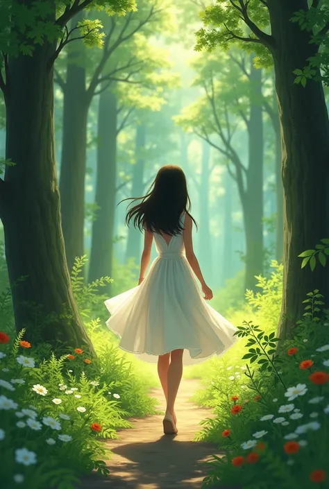 A simple white dress teen girl moving foreword at forest at view at above the head of girl