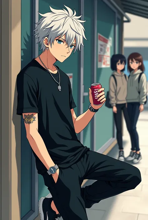 a  boy,in anime style of the Seinen Genre.
His appearance is White messy Hair, grayish blue eyes and light beige skin color.

Wearing a Black Nike T-Shirt , Black Pants and Black Nike Sneakers.

He is wearing small black earrings in his ear., wearing a sma...