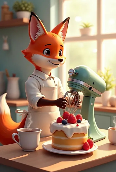 Fox pastry chef in an apron, mixer next to cake with berries,tea in a mug background bright