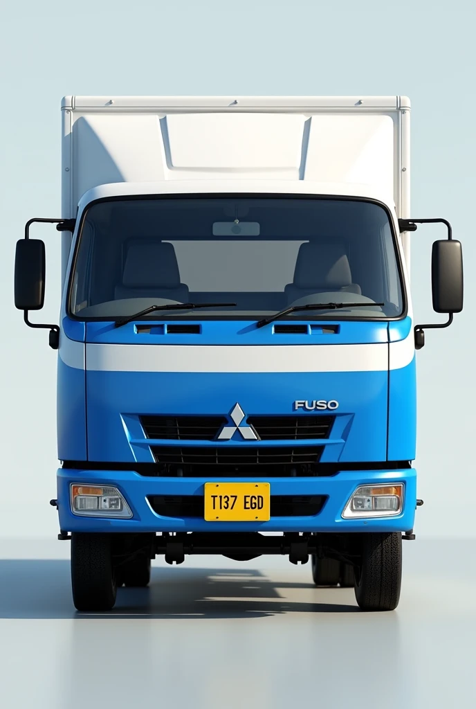 Create a 3D image of a blue and white FUSO MITSUBISHI truck with a yellow license plate displaying the all capital latters name "T137 EGD"front