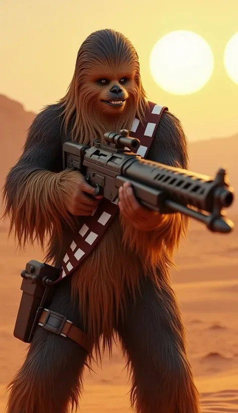 Chewbacca is holding a large blaster (laser gun) aimed at the viewer. The background is Tatooine, with depth of field and realistic textures, very detailed, masterpiece, high quality, 8K Ultra HD