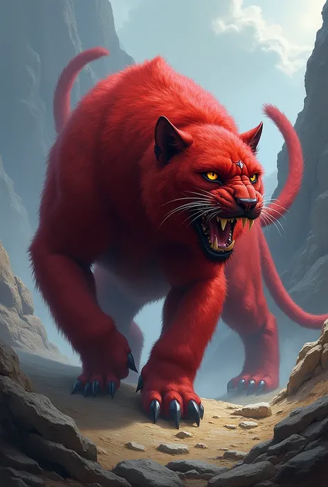 Mythical creature mountain red phanter, very hairy, three tails, with fangs, eye on forehead 