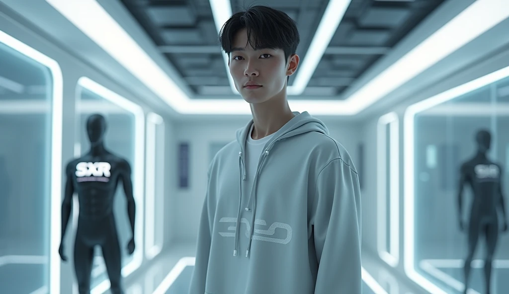 A realistic handsome young k pop idol-looking artificial intelligence with the LED SXR logo, full body, standing in the center and with a male mannequin displaying the sports shop, SXR logo on the background, wearing gym SXR logo, the environment is futuri...