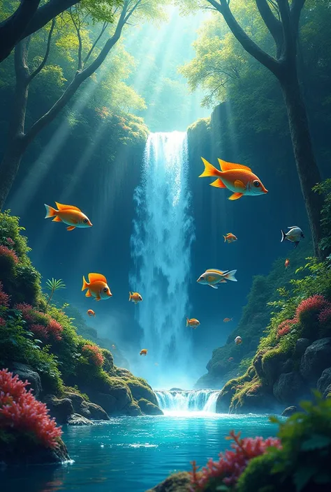 Colourfull fishes swiming in amall water falls at forest