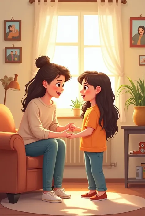 a  speaking with her mother in the home. cartoon.