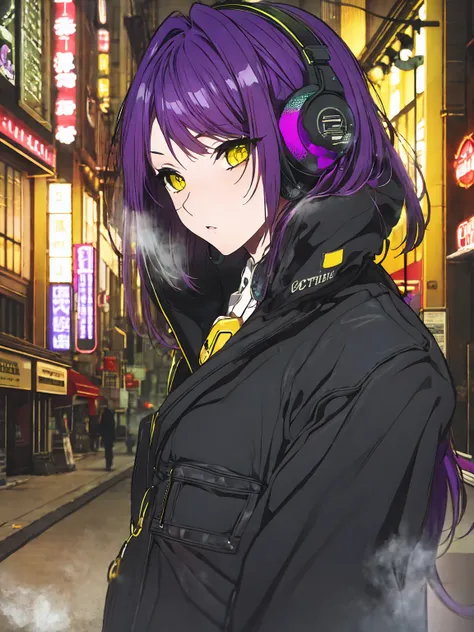 Single girl, purple hair, long hair, yellow eyes, black leather coat, headphones, neon city, cold breath