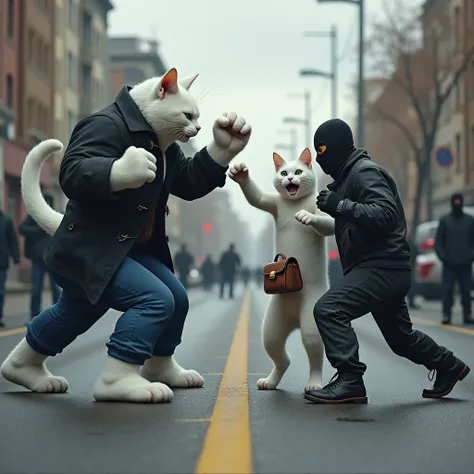 Create  a scene  "a muscular, anthropomorphic white cat with human-like physique, wearing a black coat and blue pants, punching  with  two suspicious men on a road. The men are dressed in black attire and masks, and are holding a stolen purse".
Create imag...