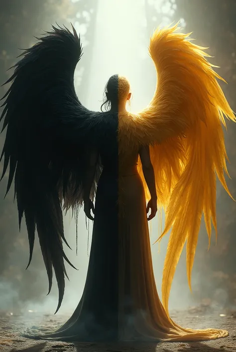 Person with wings on the back, one side black and the other side golden